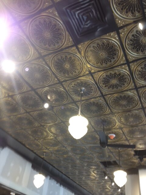 Design 240 Antique Gold Grid Ceiling Tile Installed Design 240 Antique Gold Grid Ceiling Tile Installed